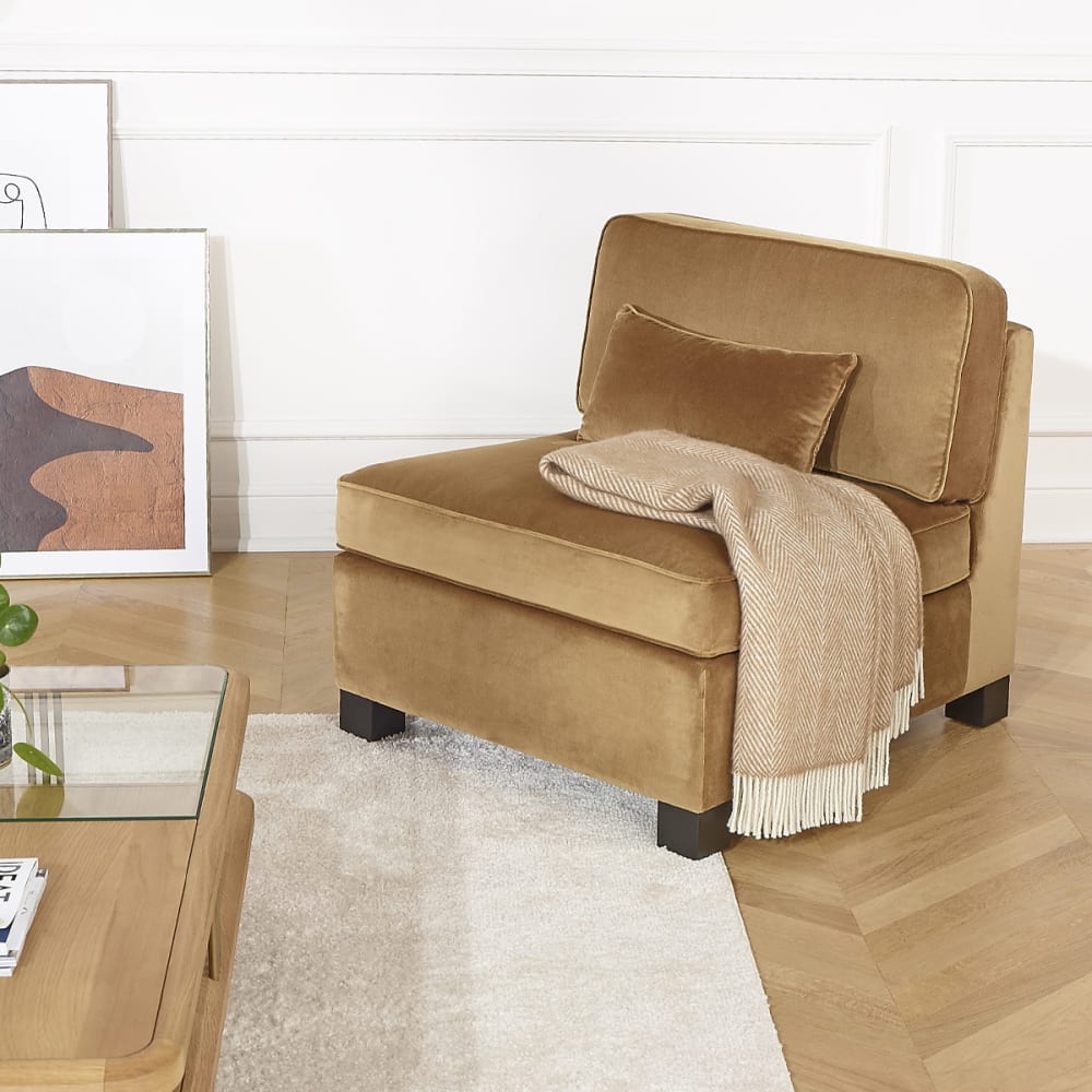 Banquette en velours style contemporain, 1 place caramel
