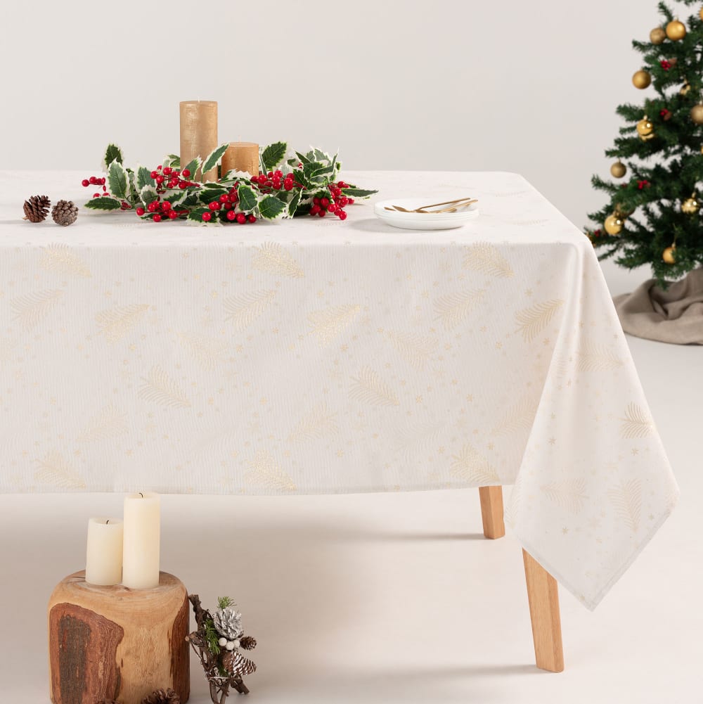 Nappe de Noël en coton jacquard blanc et or 140x200 cm