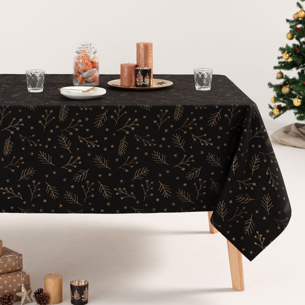 Mantel navidad algodón jacquard negro y oro 140x240 cm