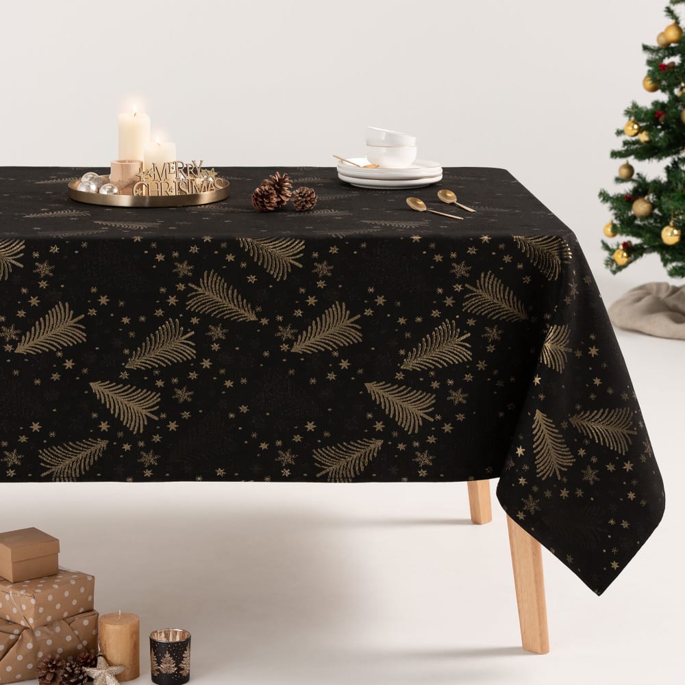 Nappe de Noël en coton jacquard noir et or 140x350 cm