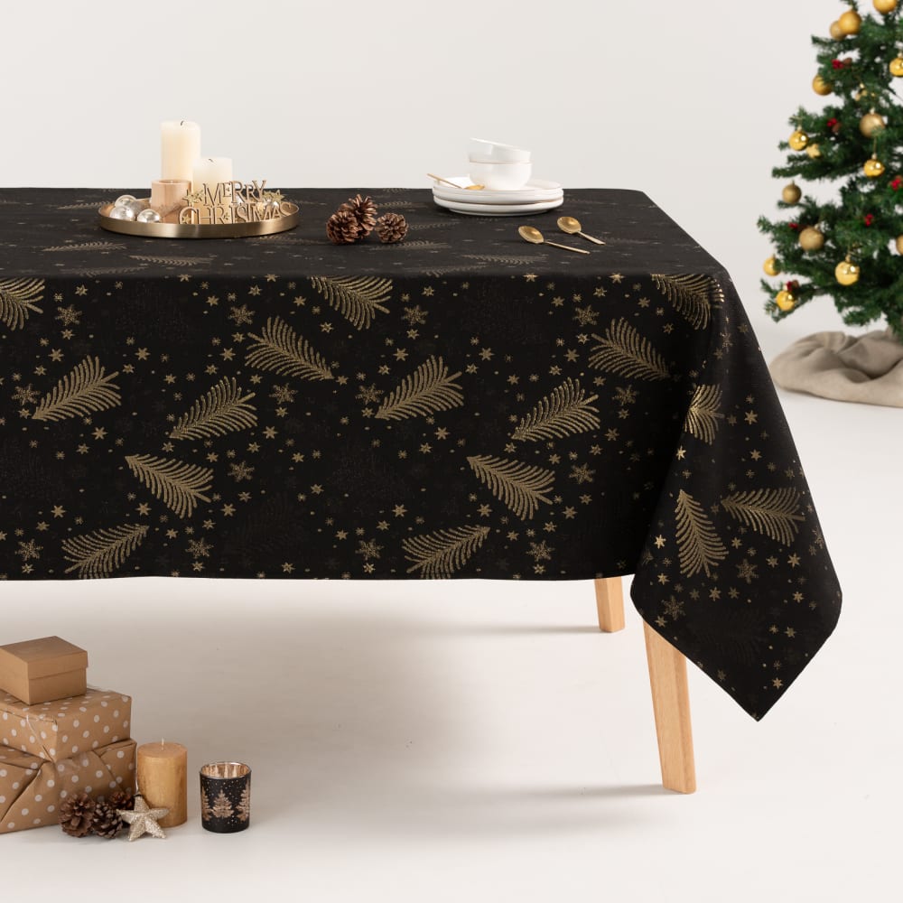 Nappe de Noël en coton jacquard noir et or 140x140 cm