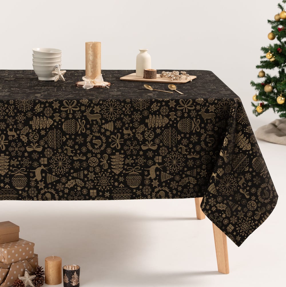 Nappe de Noël en coton jacquard noir et or 140x240 cm
