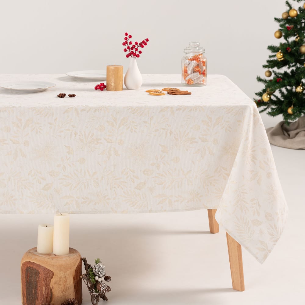 Mantel navidad algodón jacquard blanco y oro 140x350 cm