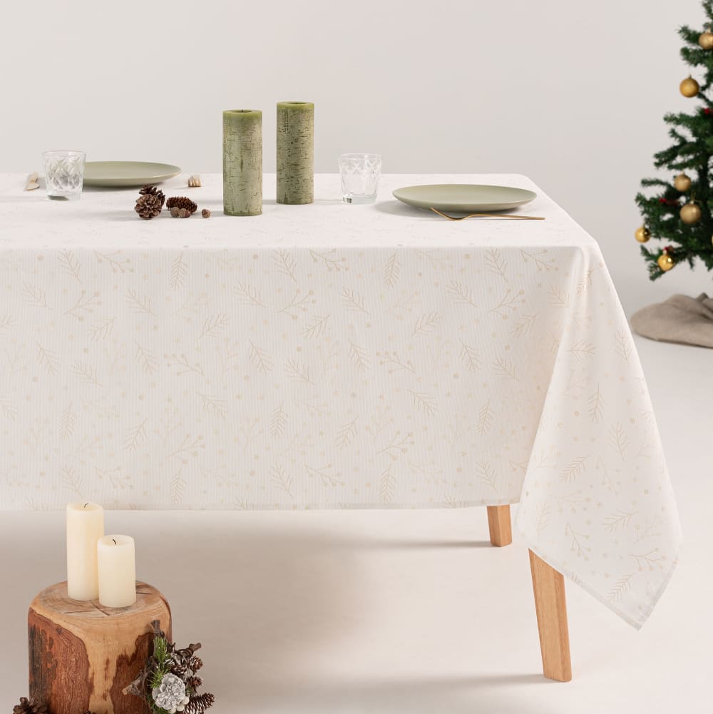 Nappe de Noël en coton jacquard blanc et or 140x300 cm
