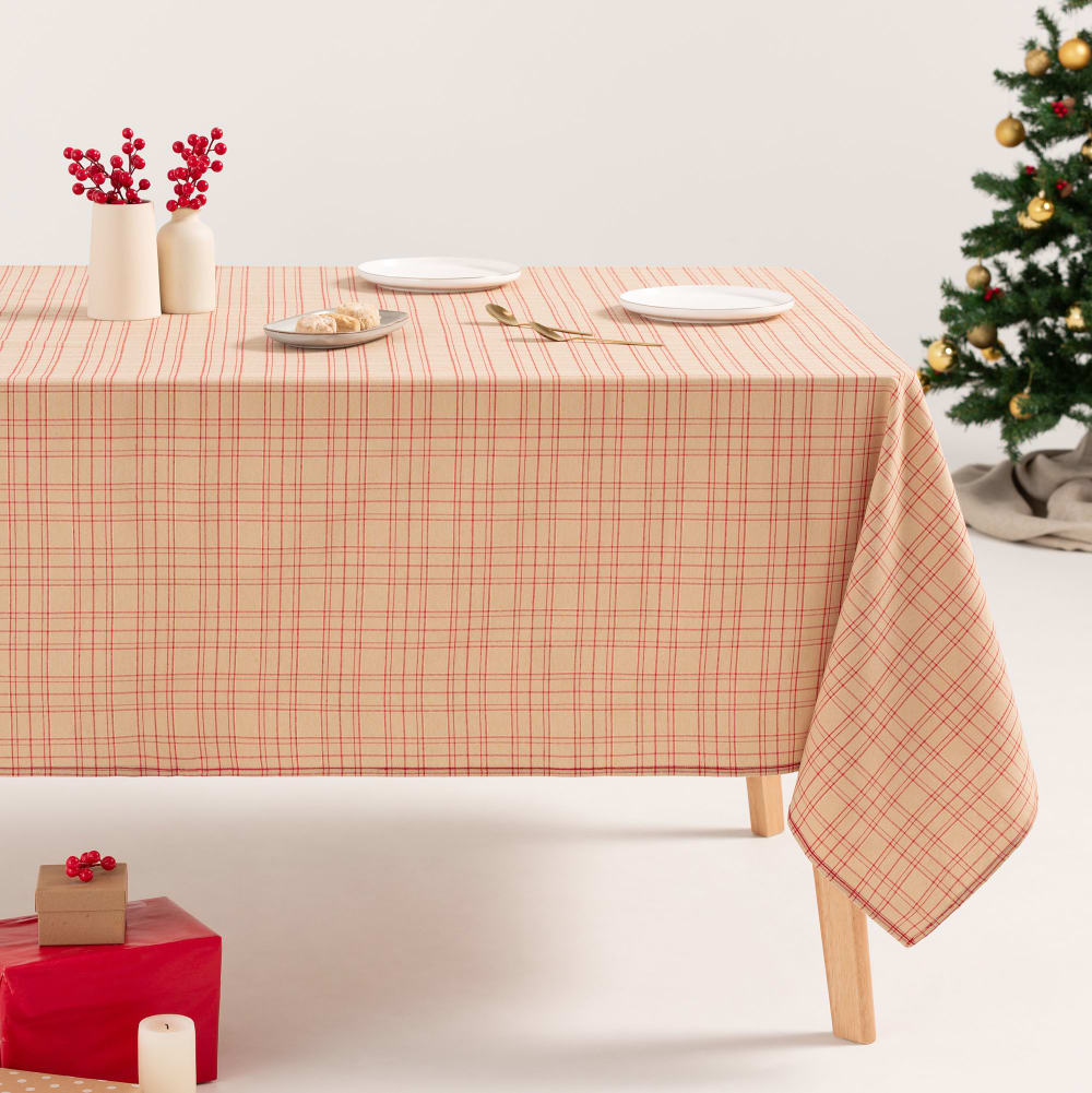 Nappe de Noël en coton jacquard carreaux beige 140x100 cm