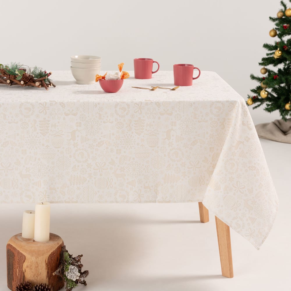 Nappe de Noël en coton jacquard blanc et or 140x350 cm