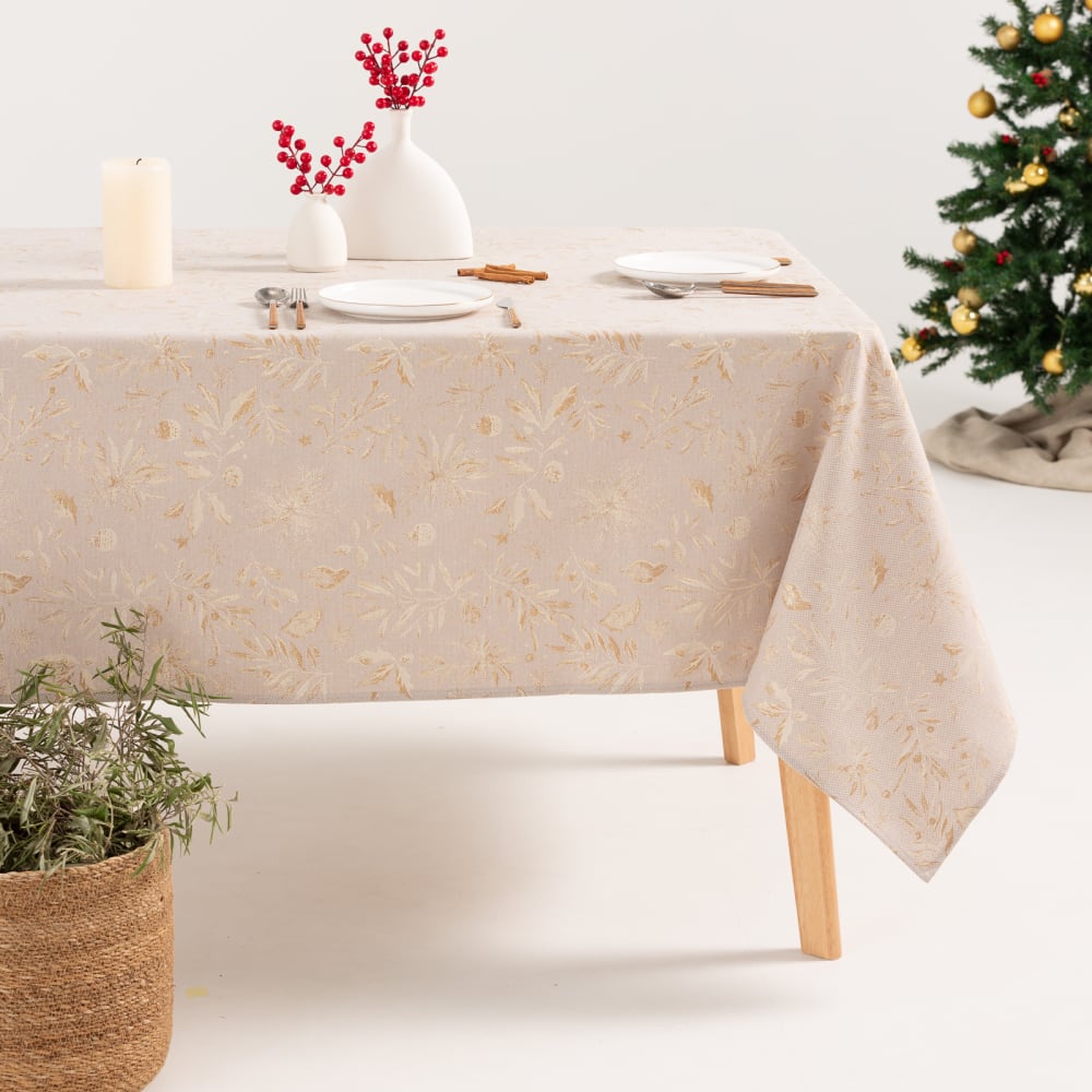 Nappe de Noël en coton jacquard beige et or 140x240 cm