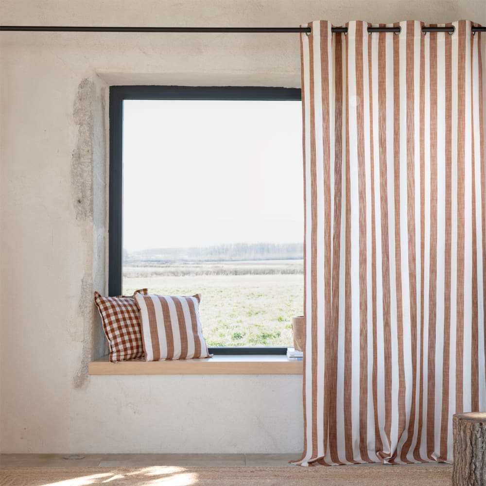 Rideau 100% coton larges rayures lourmarin terracotta 140x260 cm