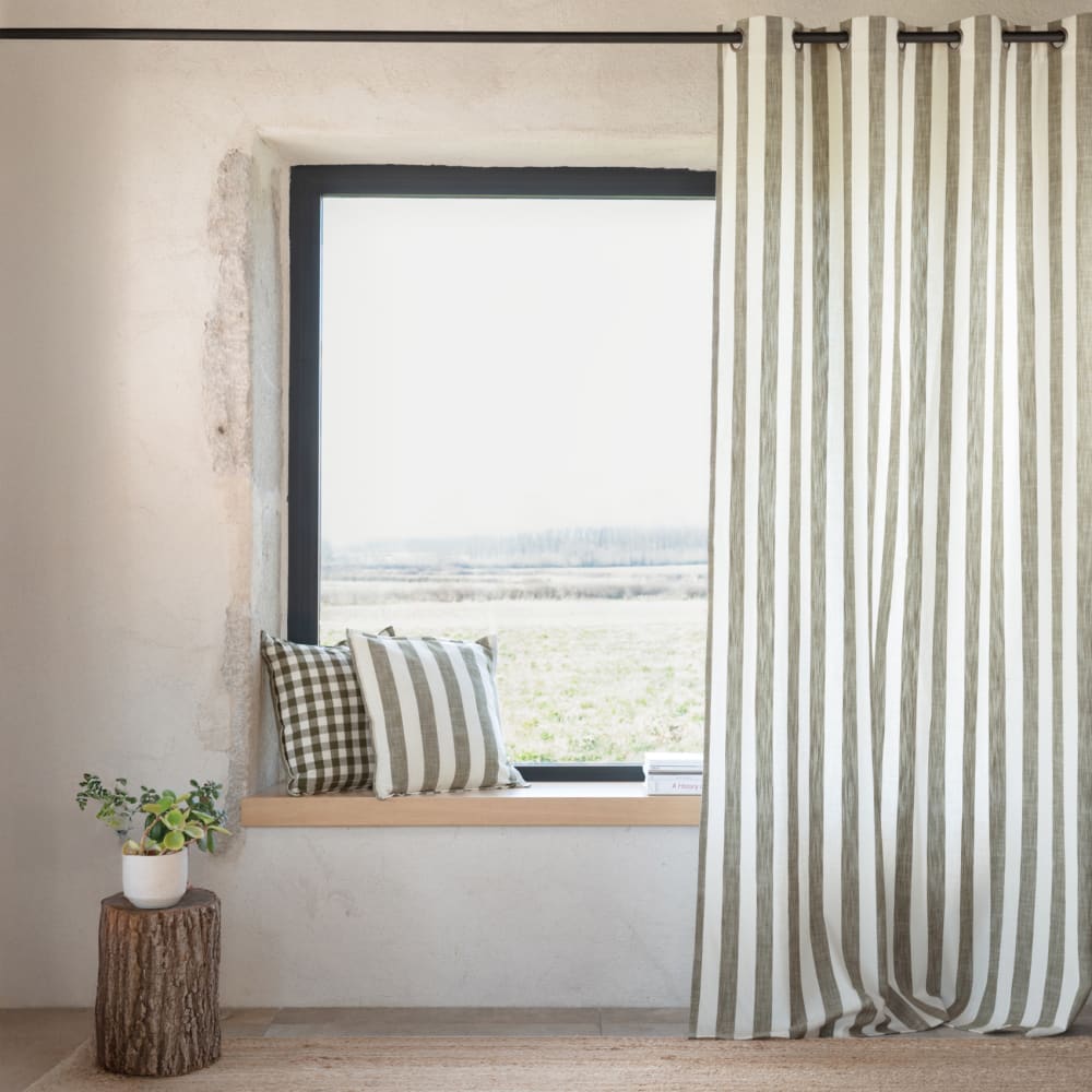 Rideau 100% coton larges rayures lourmarin kaki 140x260 cm