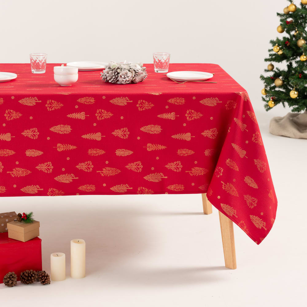 Mantel navidad algodón jacquard rojo y oro 140x140 cm
