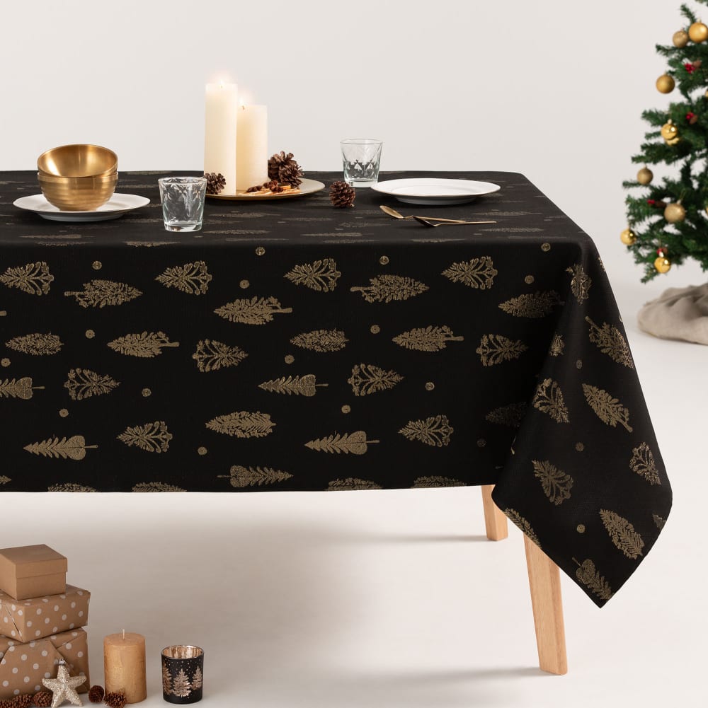 Nappe de Noël en coton jacquard noir et or 140x140 cm