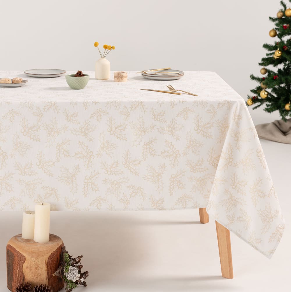Mantel navidad algodón jacquard blanco y oro 140x350 cm