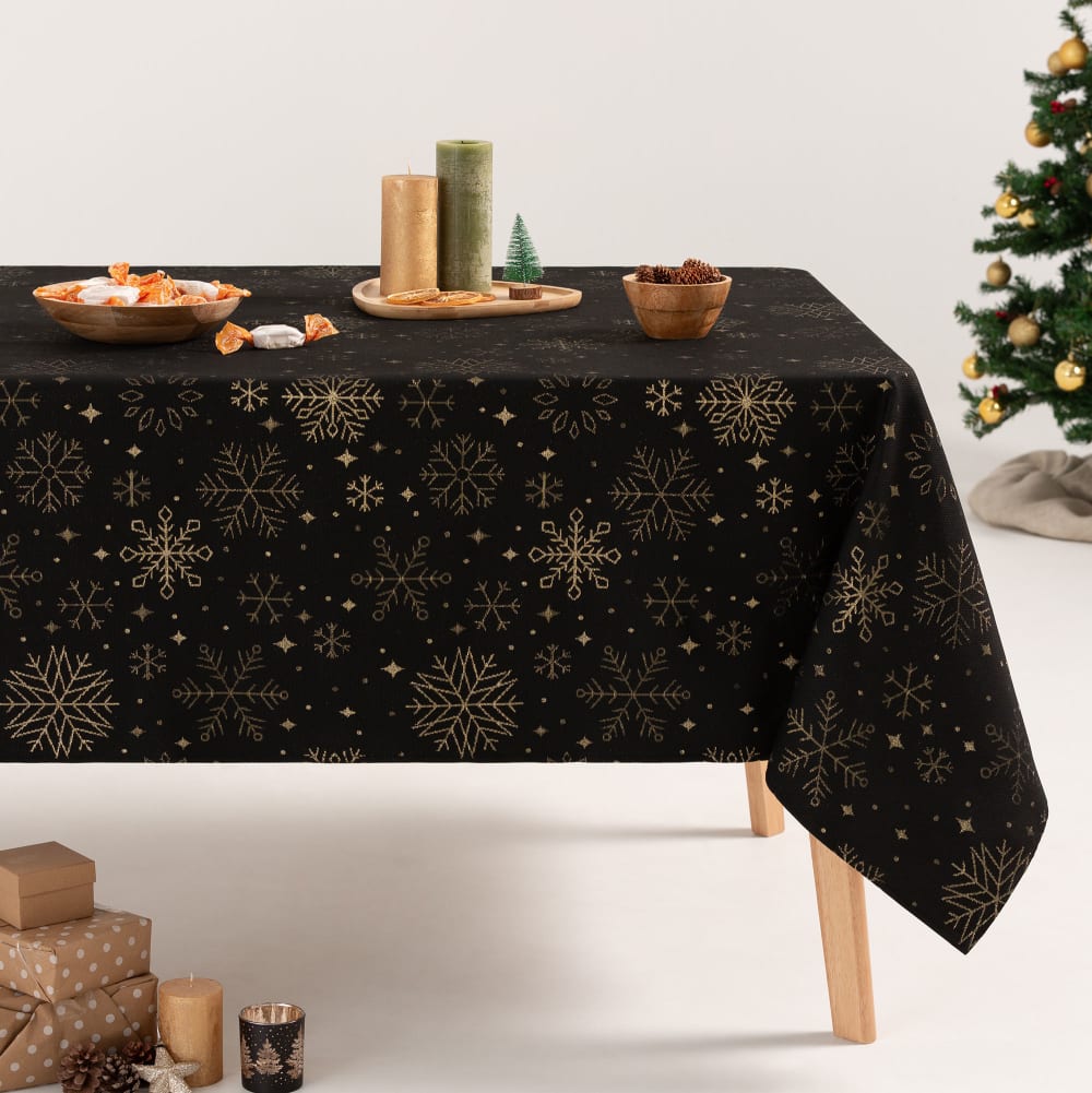 Mantel navidad algodón jacquard snowflake negro y oro 140x300 cm