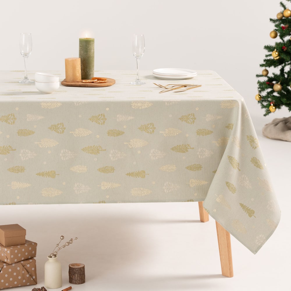 Nappe de Noël en coton jacquard vert clair et or 140x350 cm