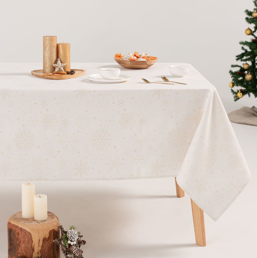 Mantel navidad algodón jacquard snowflake blanco y oro 140x350 cm