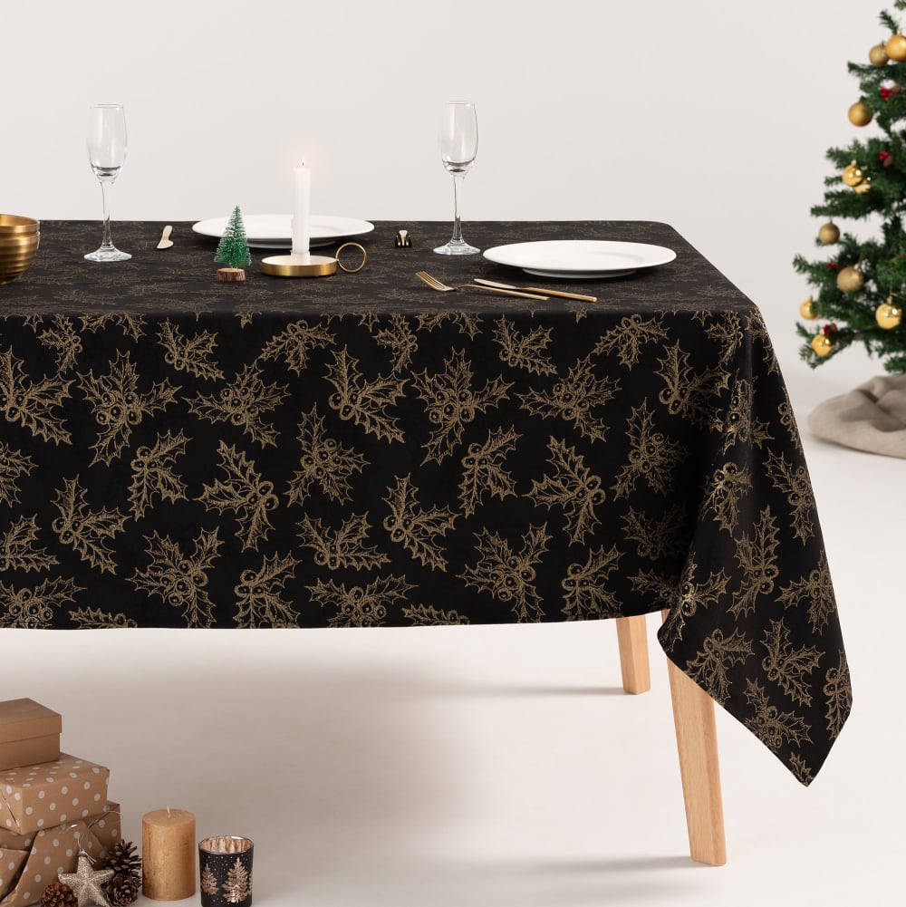 Mantel navidad algodón jacquard negro y oro 140x240 cm