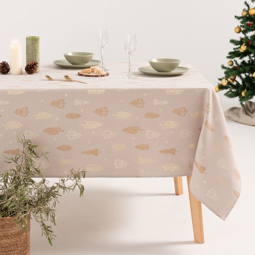 Mantel navidad algodón jacquard beige y oro 140x350 cm