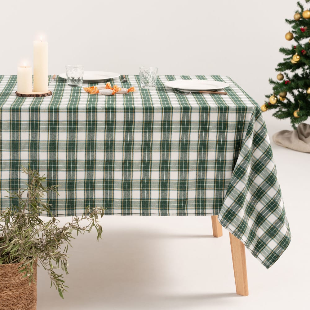 Nappe de Noël en coton jacquard carreaux vert sapin 140x240 cm