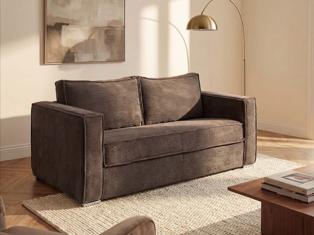 Canapé convertible velours 4 places marron}