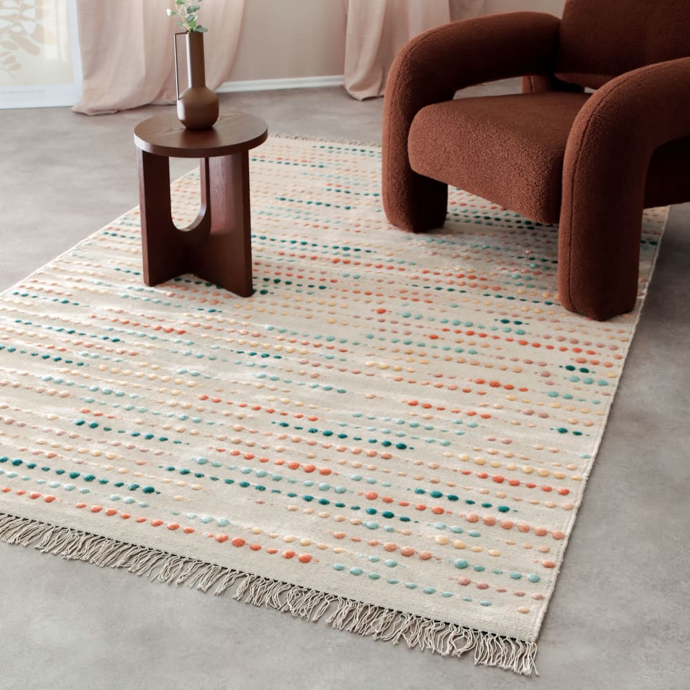 Handgewebter Teppich Schurwolle mit Fransen bunt 140x200 -