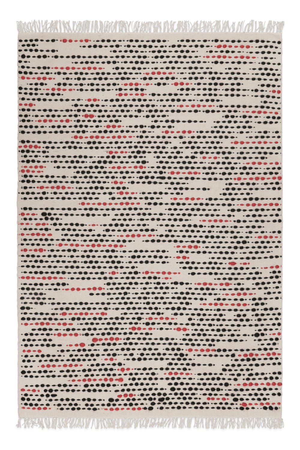 Tapis tissé main pure laine à franges rouge et noir fond beige 140x200