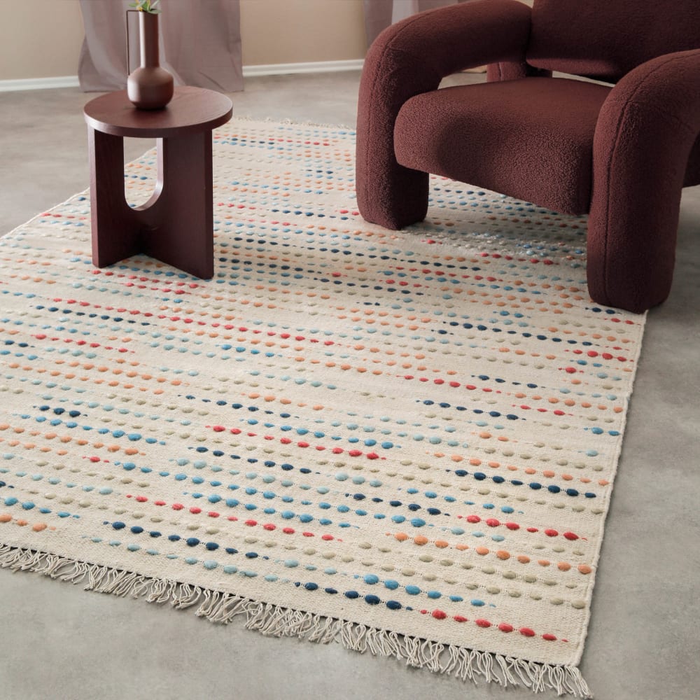 Tapis tissé main pure laine vierge à franges et multicolore 80x150 — vue 3