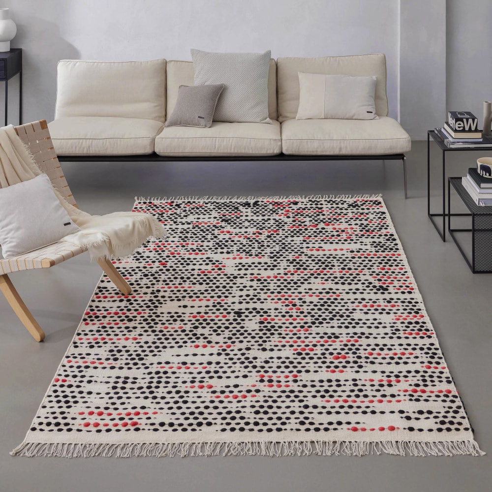 Tapis tissé main pure laine à franges rouge et noir fond beige 80x150 — vue 3