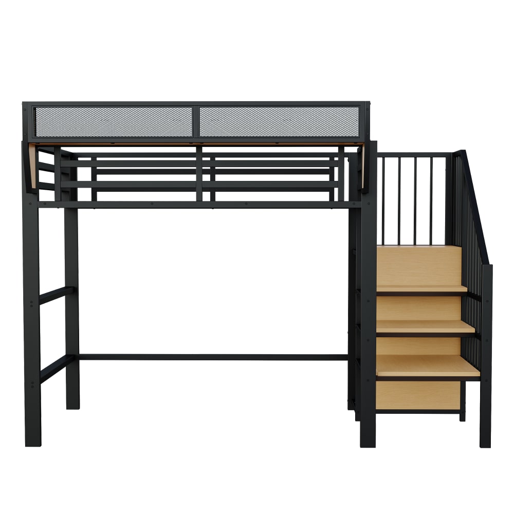 Lit mezzanine métal noir avec étagères, penderie et escalier 90*200