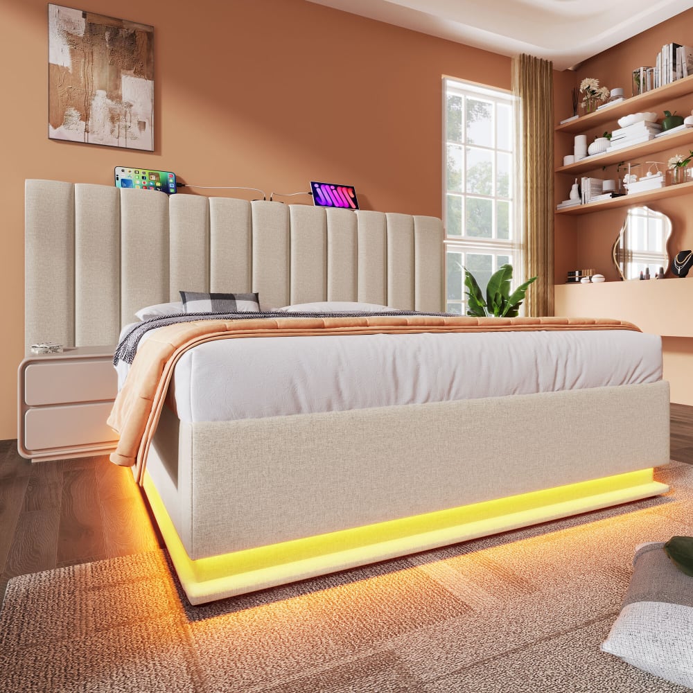 Lit coffre double capitonné lin beige avec éclairage LED 160*200
