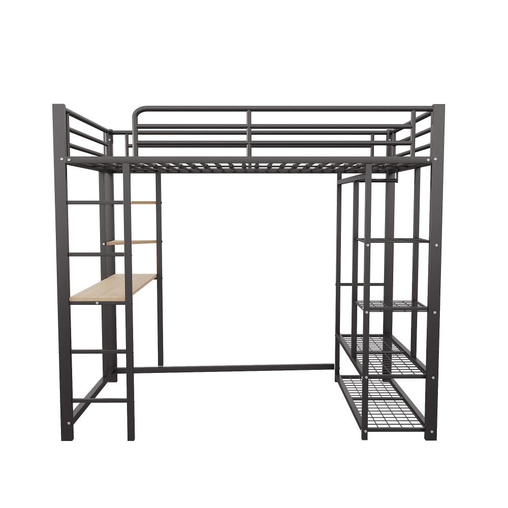 Lit mezzanine métallique avec bureau, étagères et espace rangement