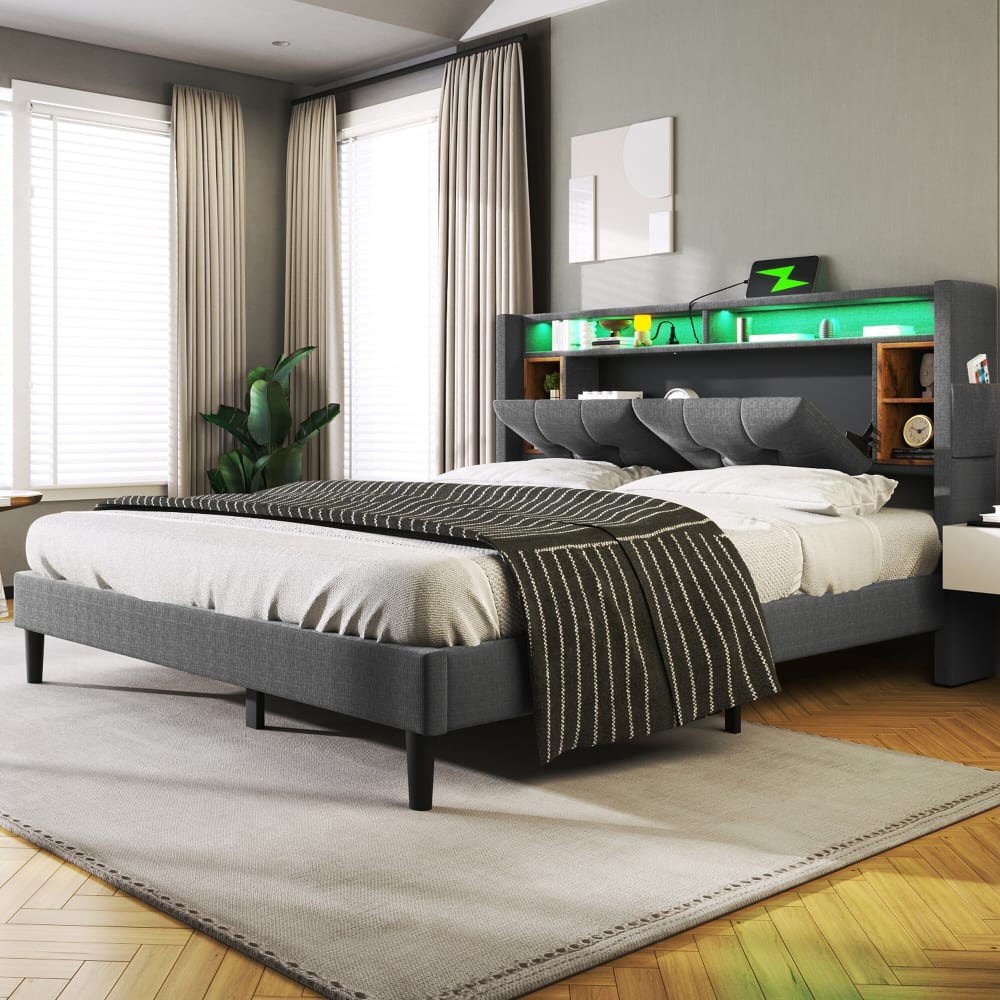 Lit double capitonné gris avec tête de lit rangement éclairage LED