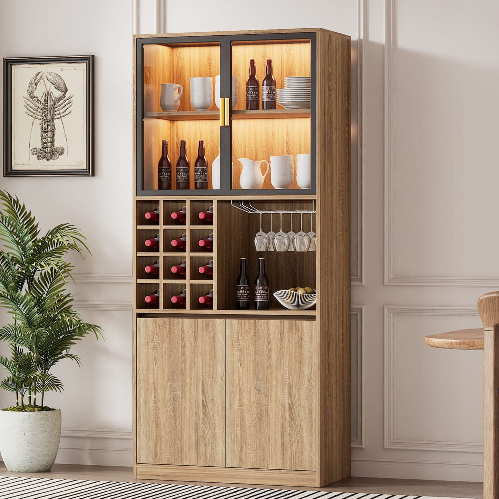 Vitrine haut effet bois casier à vin et porte verres avec LED