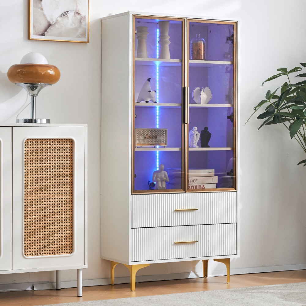 Vitrine haute élégante blanche avec portes vitrées éclairage LED
