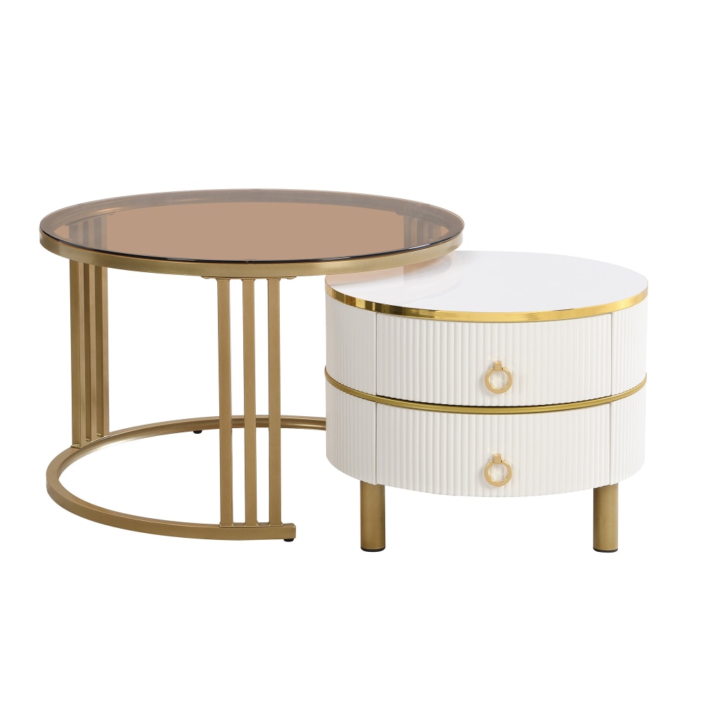 Urban Meuble Couchtisch mit 2 Schubladen, gold und weiß - Spanplatte