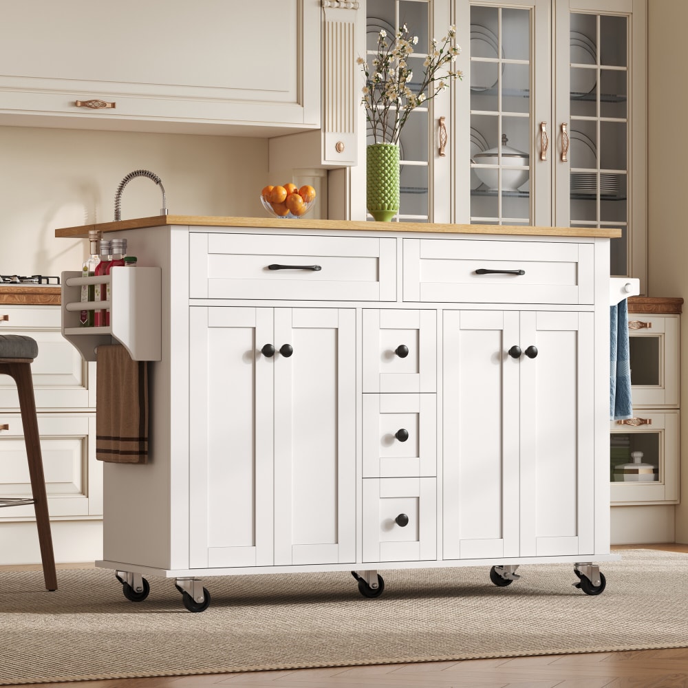 Îlot de cuisine mobile blanc avec plateau en bois extensible