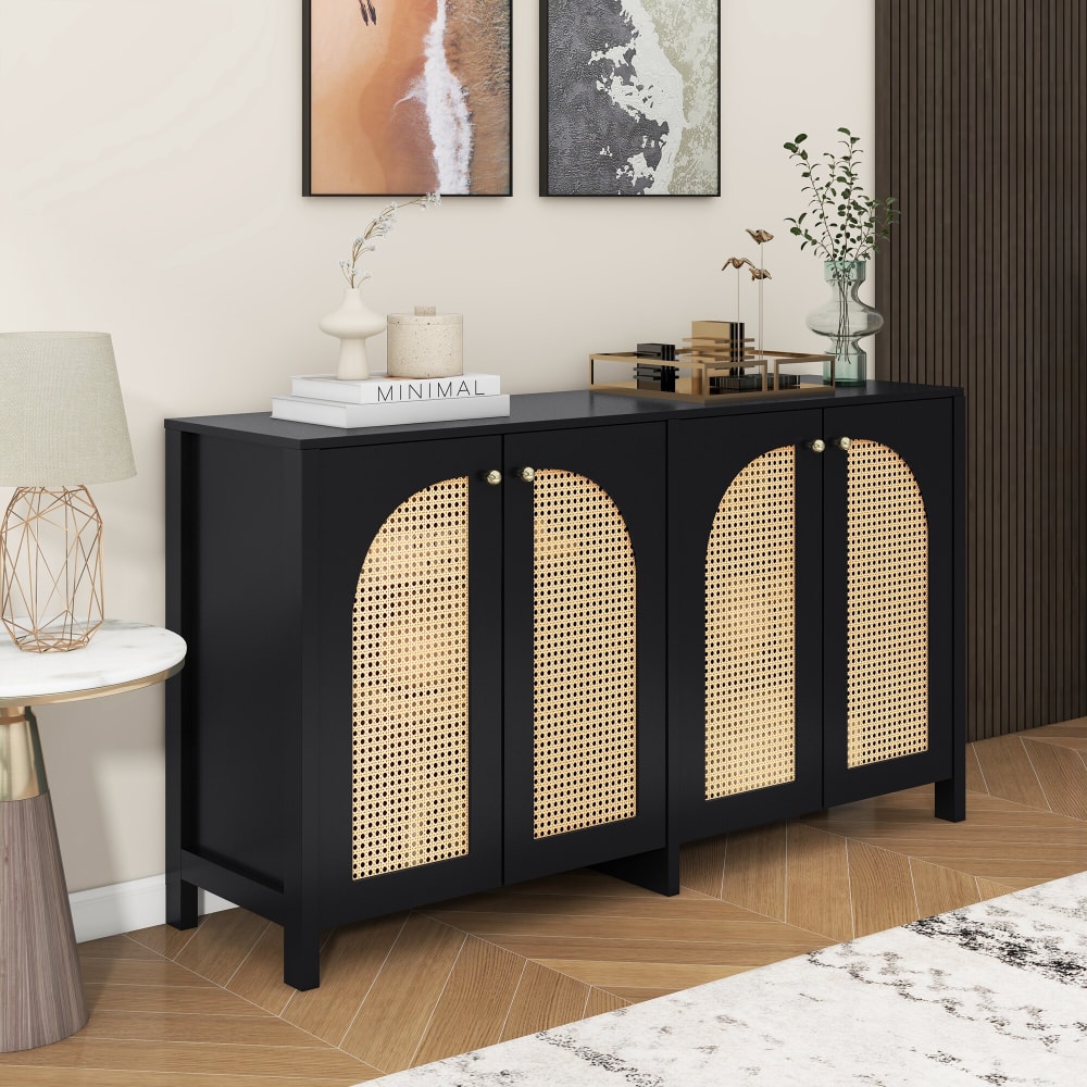 Vintage Sideboard mit 4 Geschwungenen Rattantüren, Schwarz -