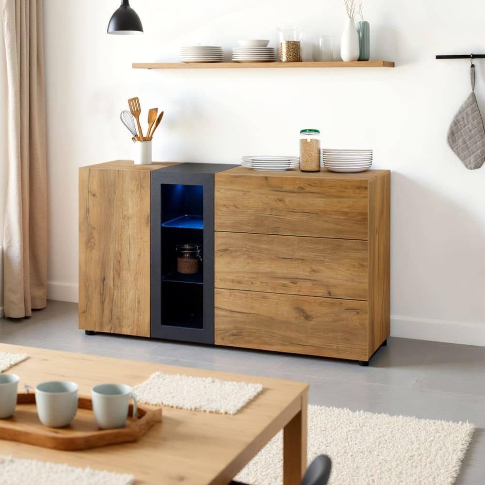 Urban Meuble Sideboard in Holzoptik mit Vitrine, LED-Beleuchtung,3 Schubladen,Beige style industrial Beige Spanplatte