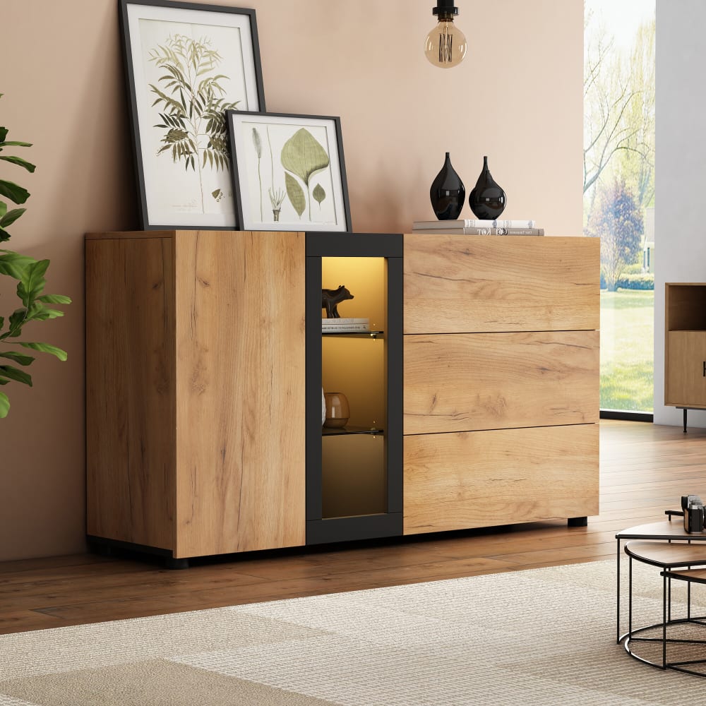 Sideboard in Holzoptik mit Vitrine, LED-Beleuchtung,3