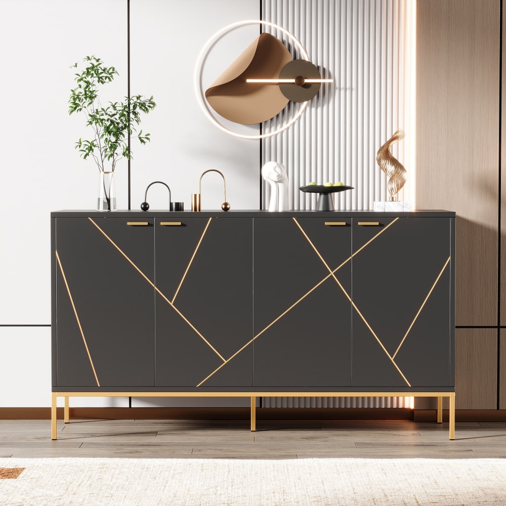 Buffet design noir motifs géométriques dorés et pieds en métal