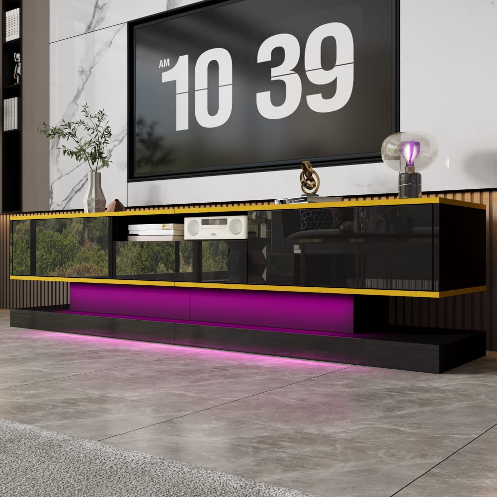 Meuble TV noir laqué éclairage LED et accents dorés