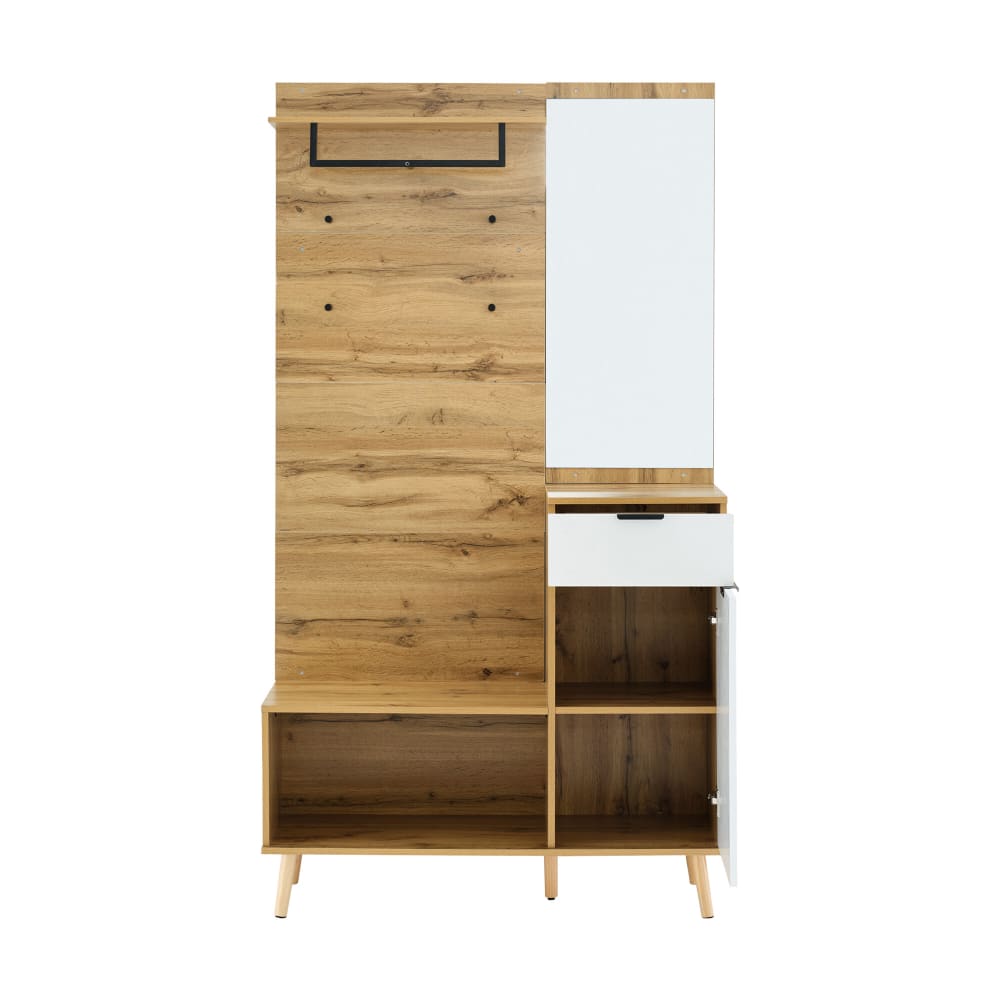 Vestiaire à l'entée porte manteau effet bois avec miroir, banc