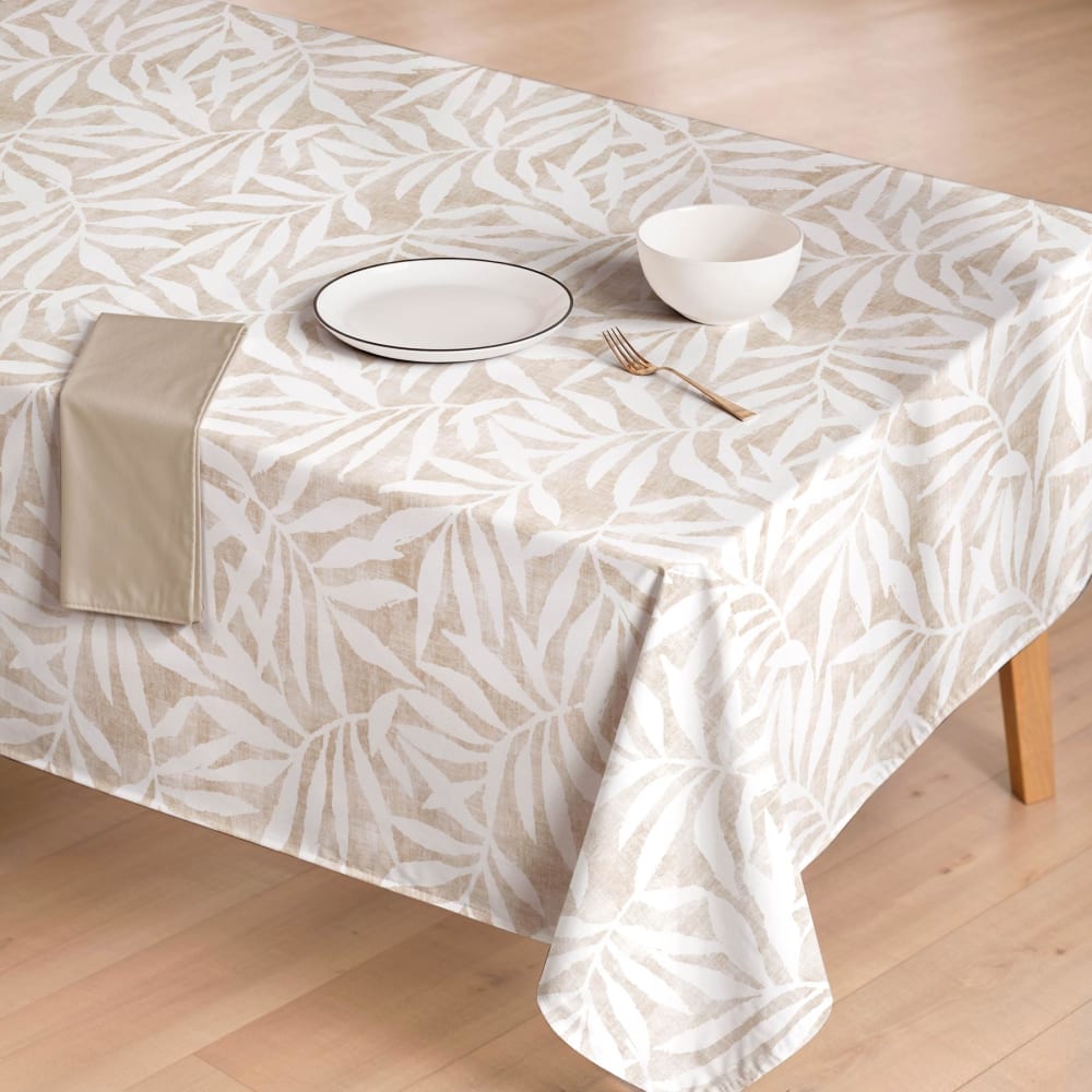 Fleckabweisende Baumwoll-Tischdecke mit beigen Blättern 155x250 -