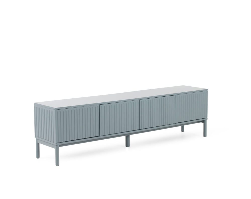 Meuble TV bleu avec rainures sur les portes et les côtés