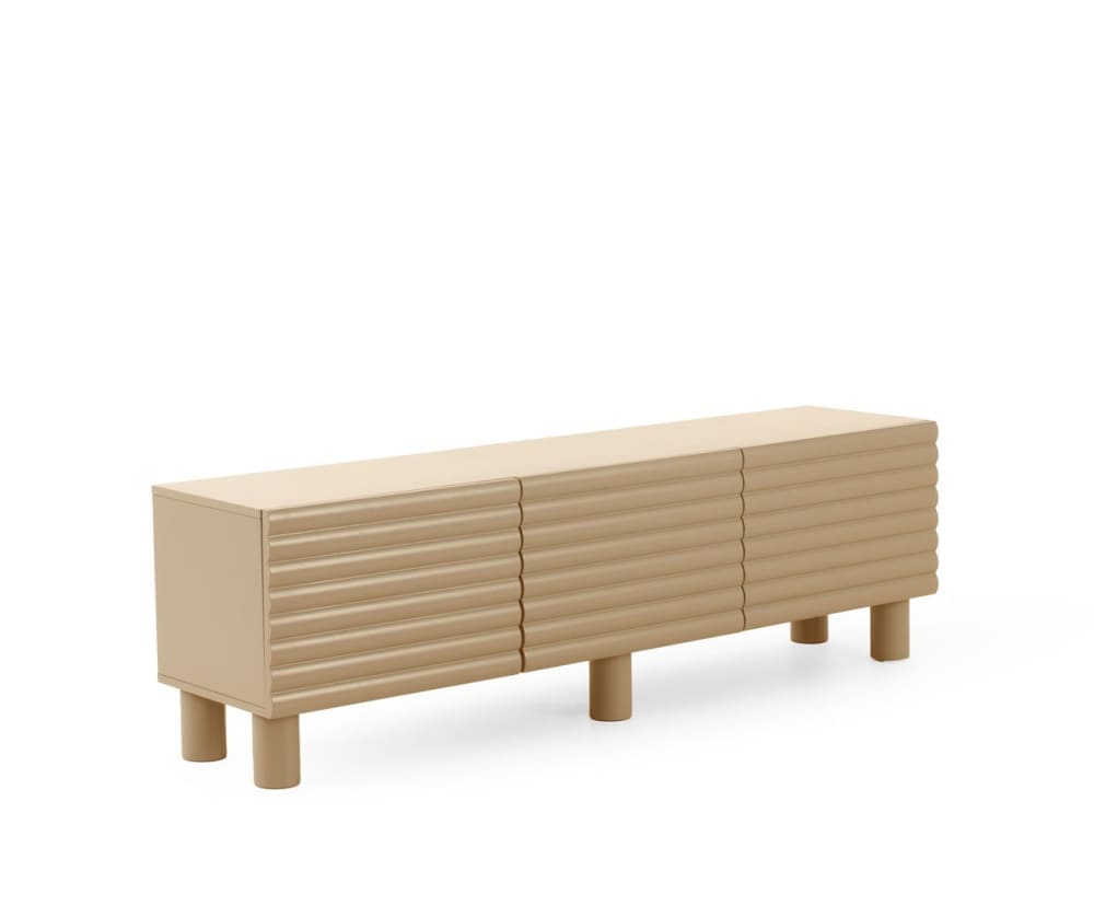 Meuble TV bleu avec relief ondulé sur les portes