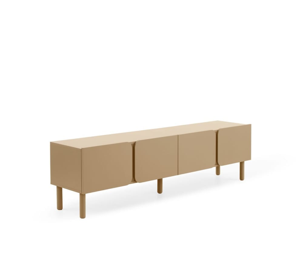 Meuble TV beige avec bords arrondis aux coins des portes