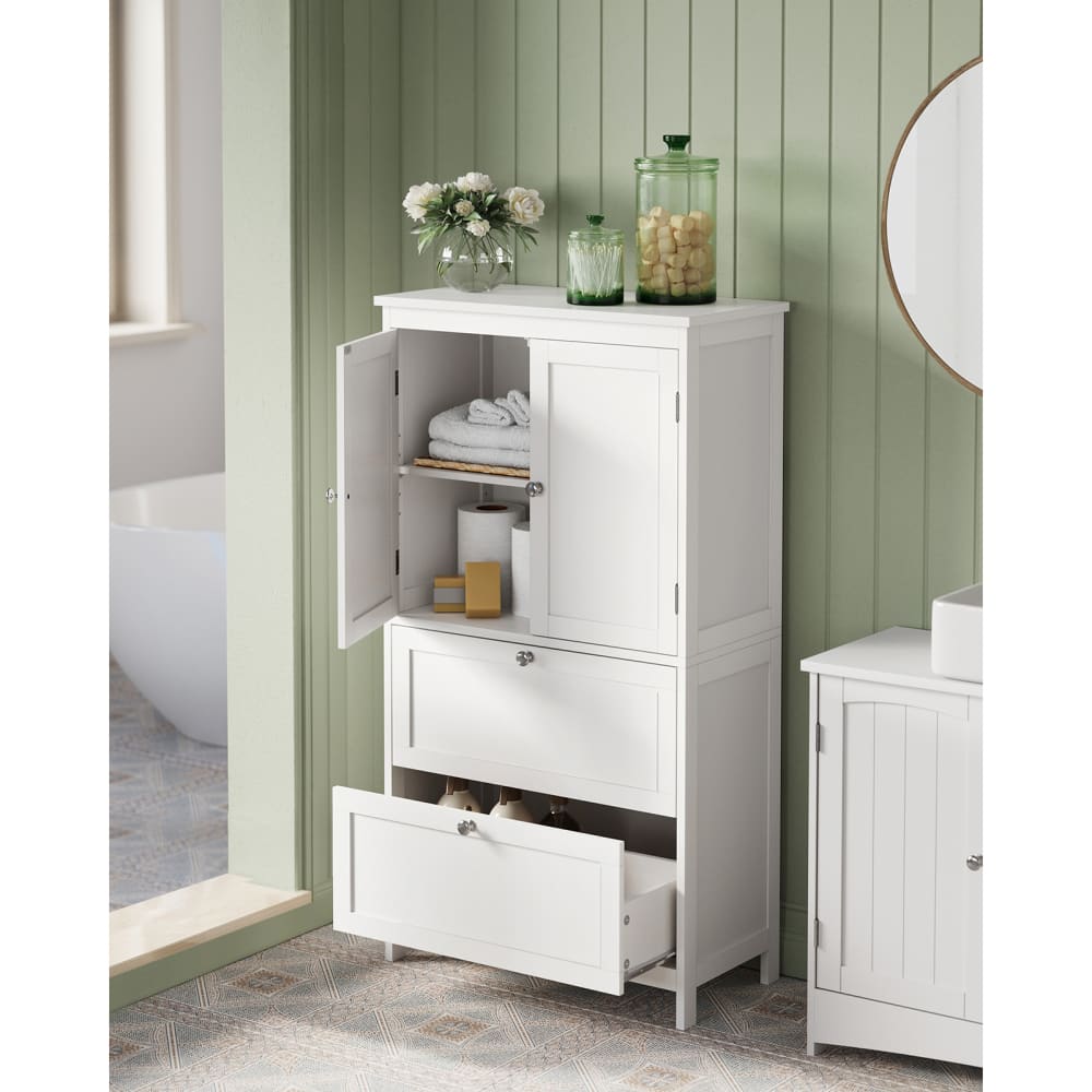 mueble de bano con 2 puertas y 2 cajones de color blanco