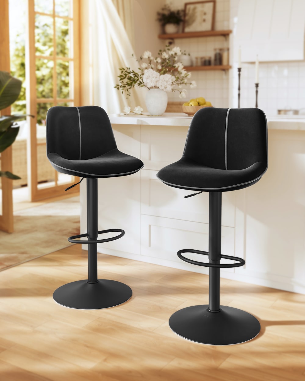 Lot de 2 tabourets de bar pivotants réglables en hauteur velours noir