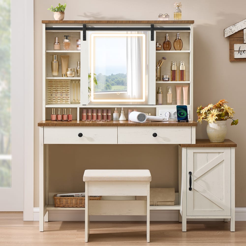 Coiffeuse avec miroir et éclairage avec tabouret multiprise blanc