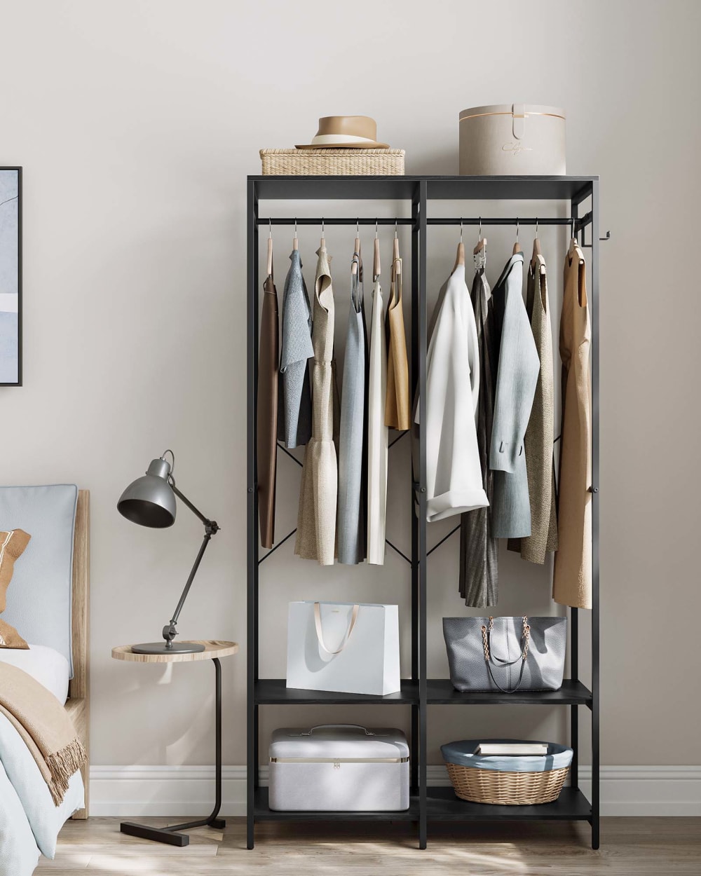 Armoire ouverte tringles étagères acier effet bois noir