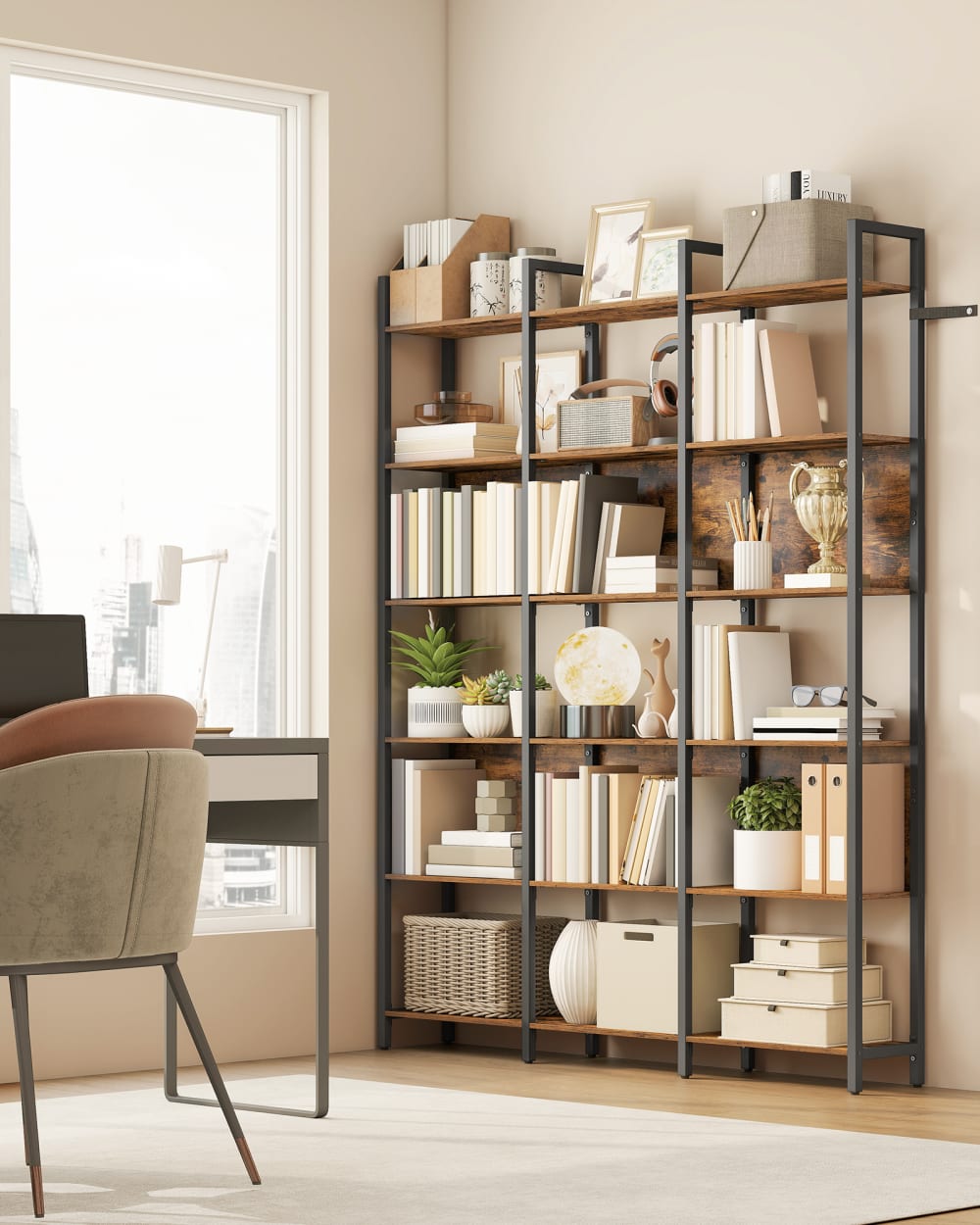 Bibliothèque sur 6 niveaux 24 x 128 x 187,1 cm marron rustique et noir